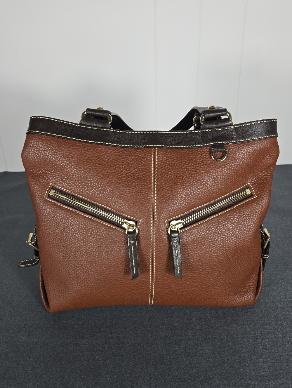 Dooney & Bourke Brown Pebbled Leather Tote with Dark Brown Trim